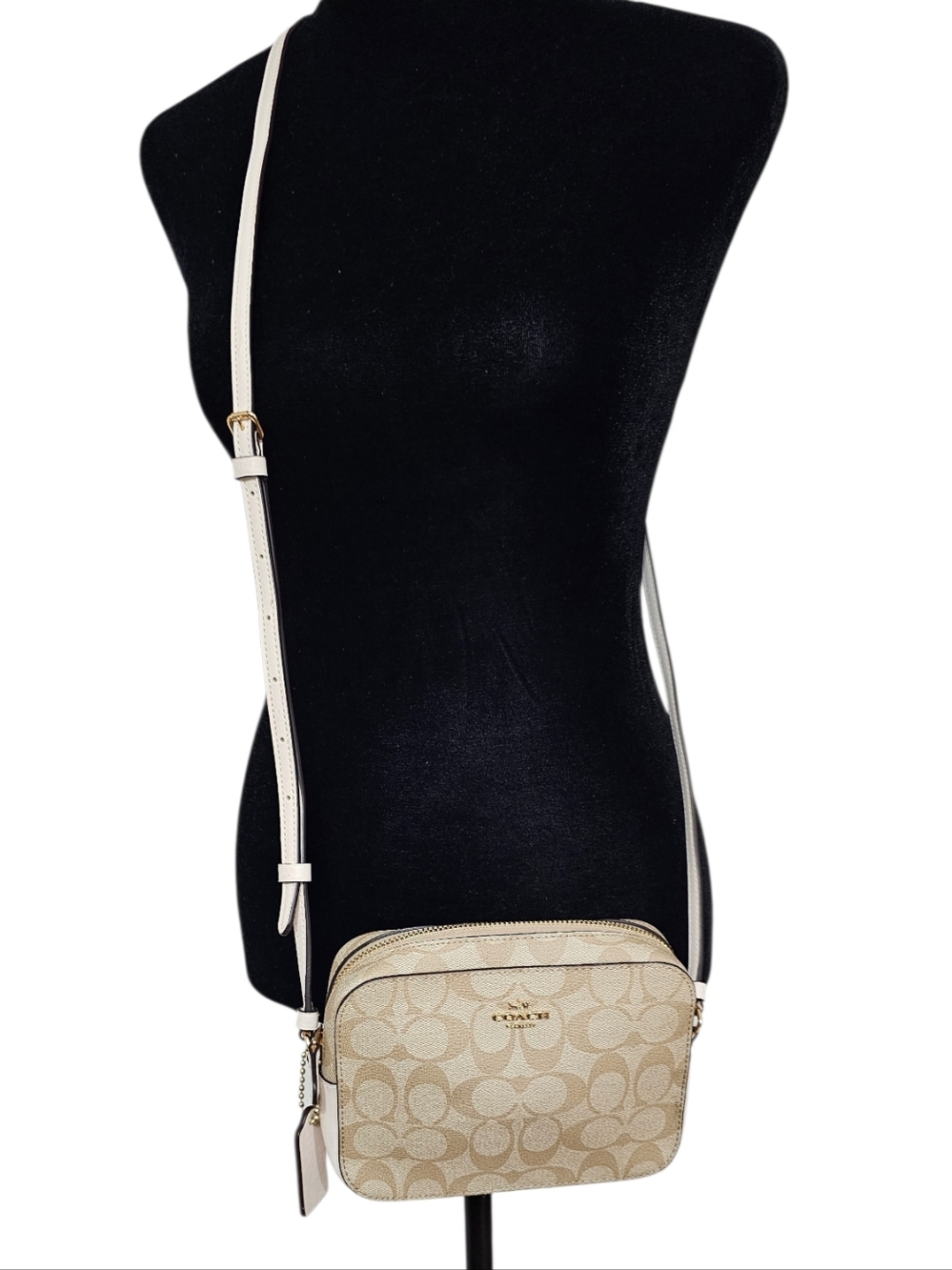 Coach Mini Camera Crossbody Bag Signature Canvas Light Khaki Chalk Gold EUC - Picture 4 of 8
